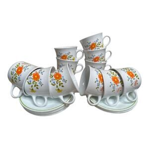 VTG 1970s Corelle Corning WILDFLOWER 8oz Coffee Tea Flat Cups & Saucers Set -10